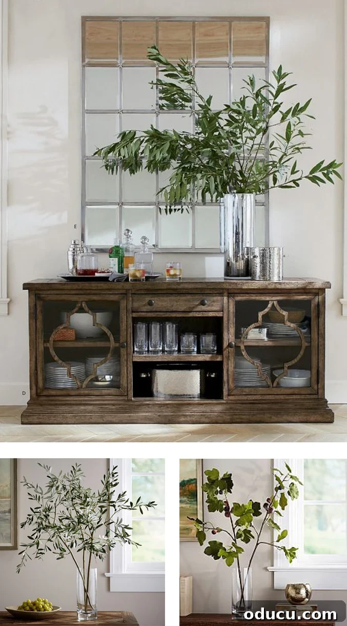 Pottery-Barn-fake-branches-in-tall glass-vases