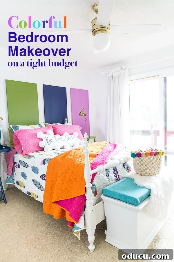 How to decorating ideas for bedroom on a budget. One idea is to use lots of vivid color to make an impact. Everything in this room is budget friendly or can be made to keep decorating costs down. #bedroom #bedroodecorating #guestrooms #budgetbedrooms #smallbedroomideas #smallbedroomdecorating Colorful guest bedroom with white walls and pops of vivid color throughout the room.