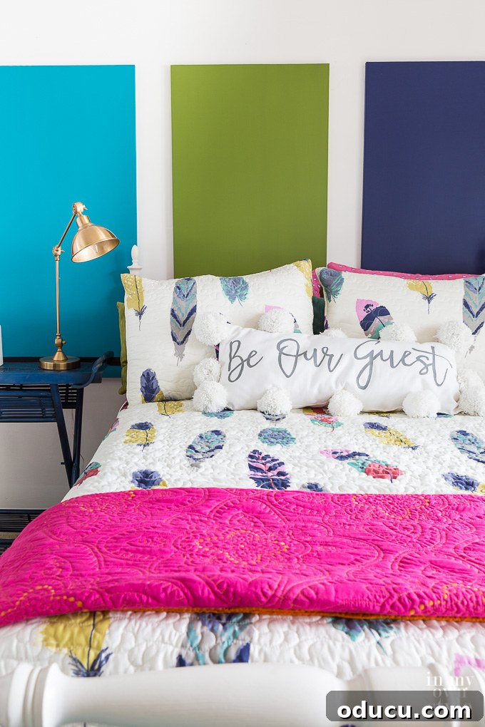 Guest Room Glow-Up: Big Color, Small Spend 7 Be Our Guest pillow in colorful bedroom