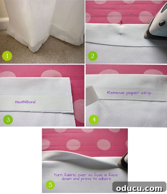 How to Make a No-Sew Hem on Fabric How to make a no-sew hem on fabric, showing the folding and pressing process.