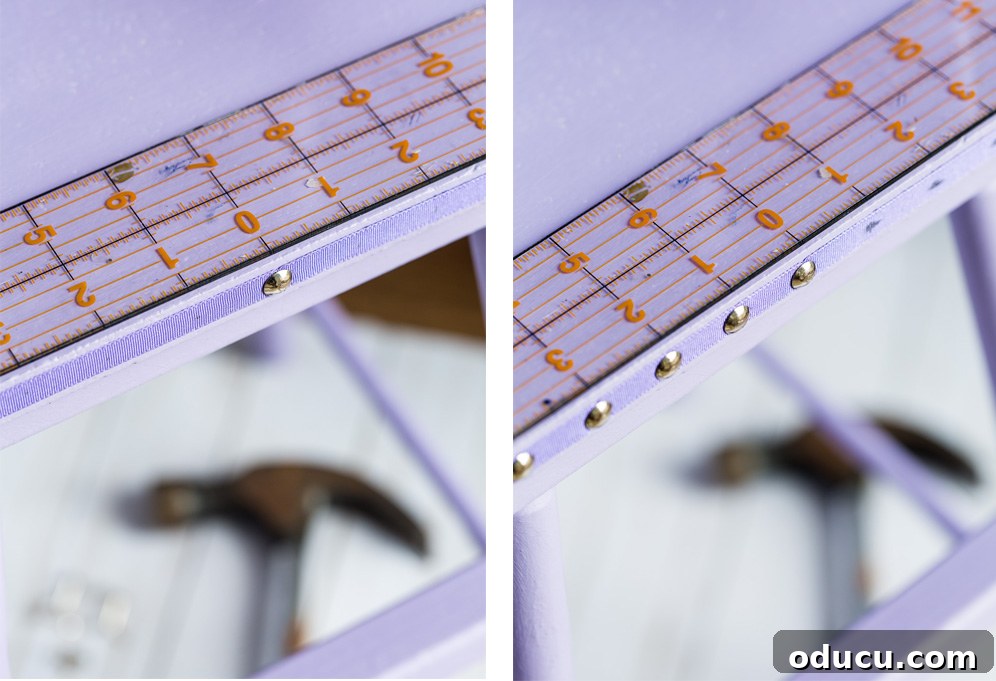 From Discarded to Dazzling: My Ultimate Furniture Upcycle 13 Adding nail head trim to the edge of furniture.