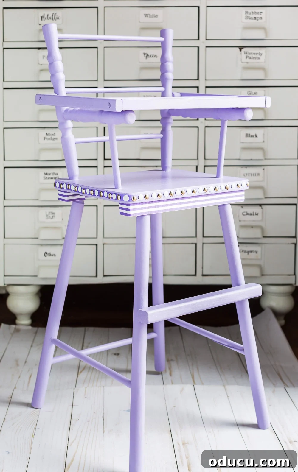 From Discarded to Dazzling: My Ultimate Furniture Upcycle 17 Second hand furniture makeover. Lavender painted high chair using Country Chic paint