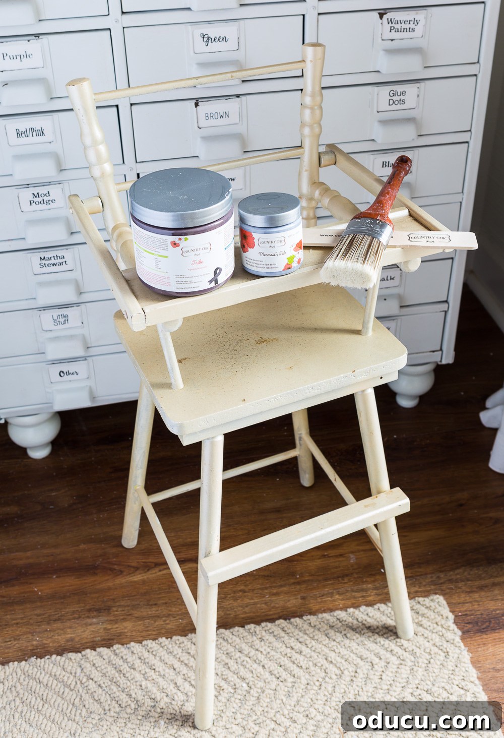 From Discarded to Dazzling: My Ultimate Furniture Upcycle 7 Doll high chair before getting a second hand furniture makeover with Country Chic paint.