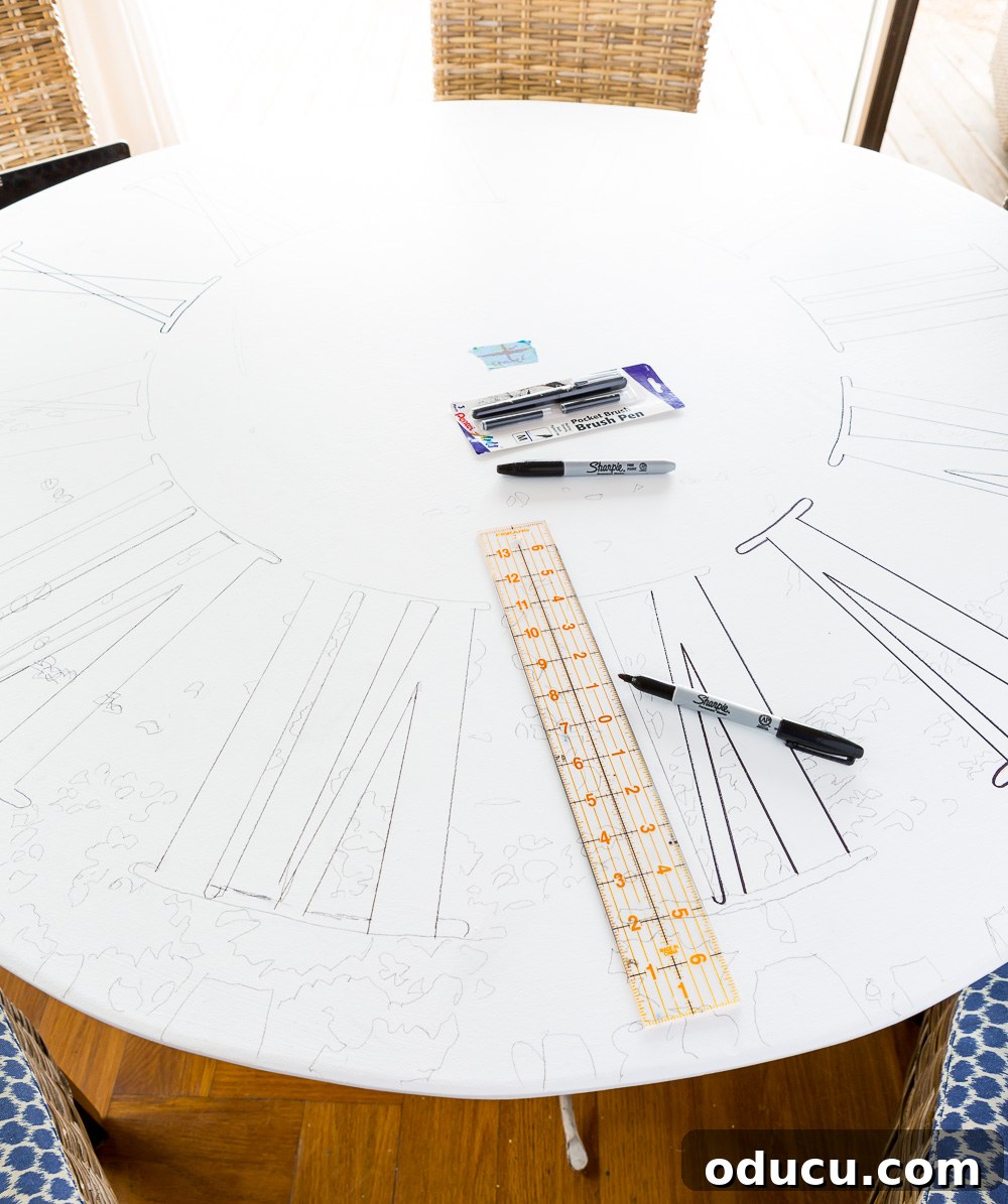 DIY Giant Farmhouse Wall Clock 13 A hand meticulously painting Roman numerals onto an oversized farmhouse clock face, highlighting the detailed artistry involved in DIY decor.