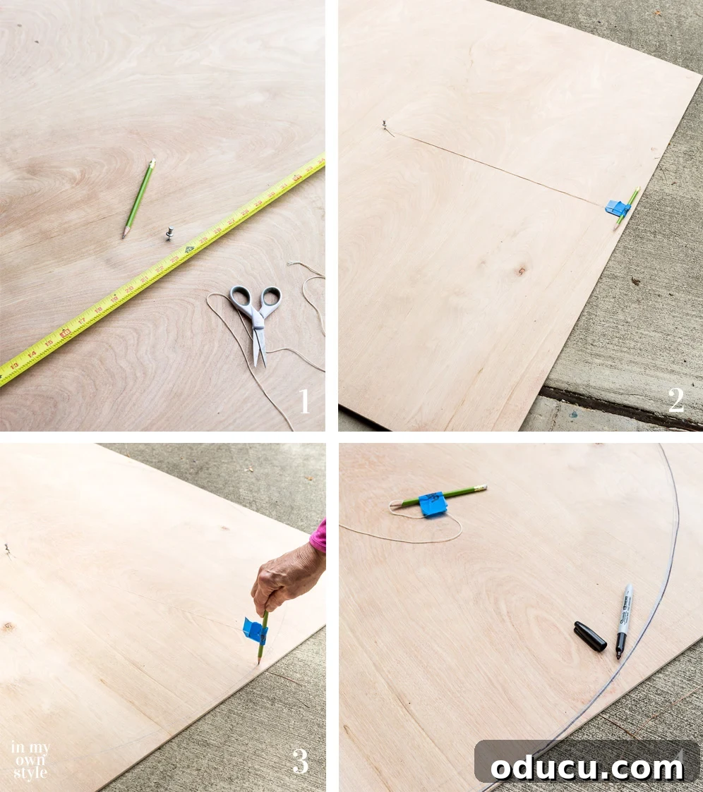 DIY Giant Farmhouse Wall Clock 5 Detailed step-by-step instructions on how to precisely cut a large plywood circle for a Fixer Upper Inspired Wall Clock using a string and pencil.