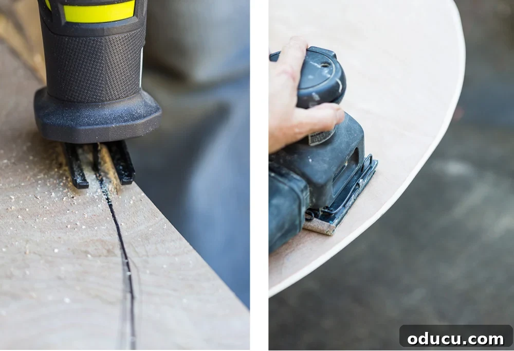 DIY Giant Farmhouse Wall Clock 6 Two images demonstrating the process of cutting and sanding plywood to create a smooth, oversized wall clock base, highlighting precision and finish.