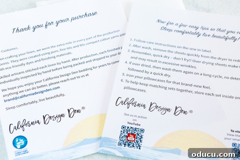 Embracing the SLOW Method for Mindful Decorating 8 Informative graphic detailing California Design Den's commitment to quality and ethical production, including sheet care instructions
