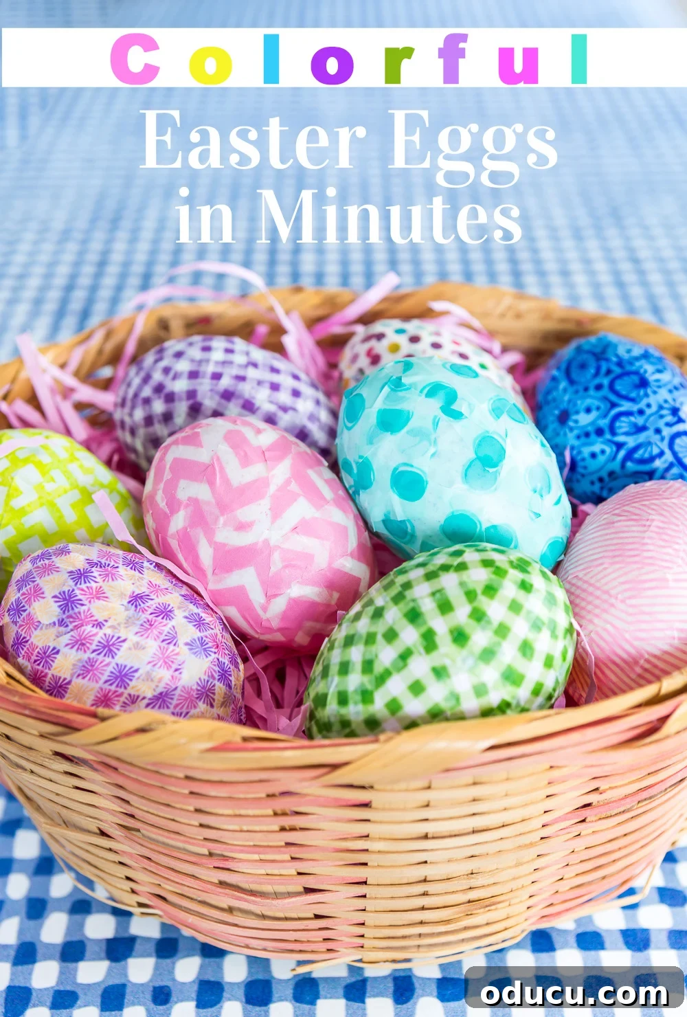 Colorful Easter egg decorating in minutes using Washi tape for a quick holiday craft.