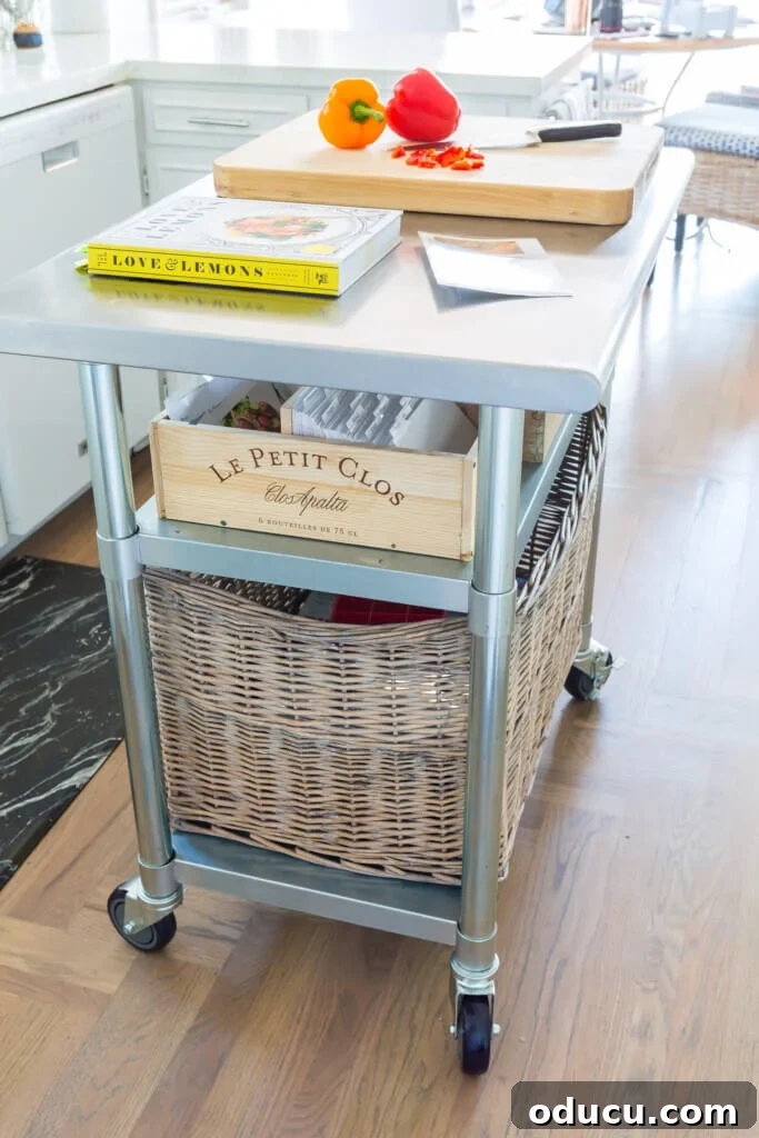 My Small Kitchen's Island Upgrade 2 A versatile metal kitchen cart repurposed as a stylish island for food preparation, featuring a charming wine crate transformed into a recipe card holder.