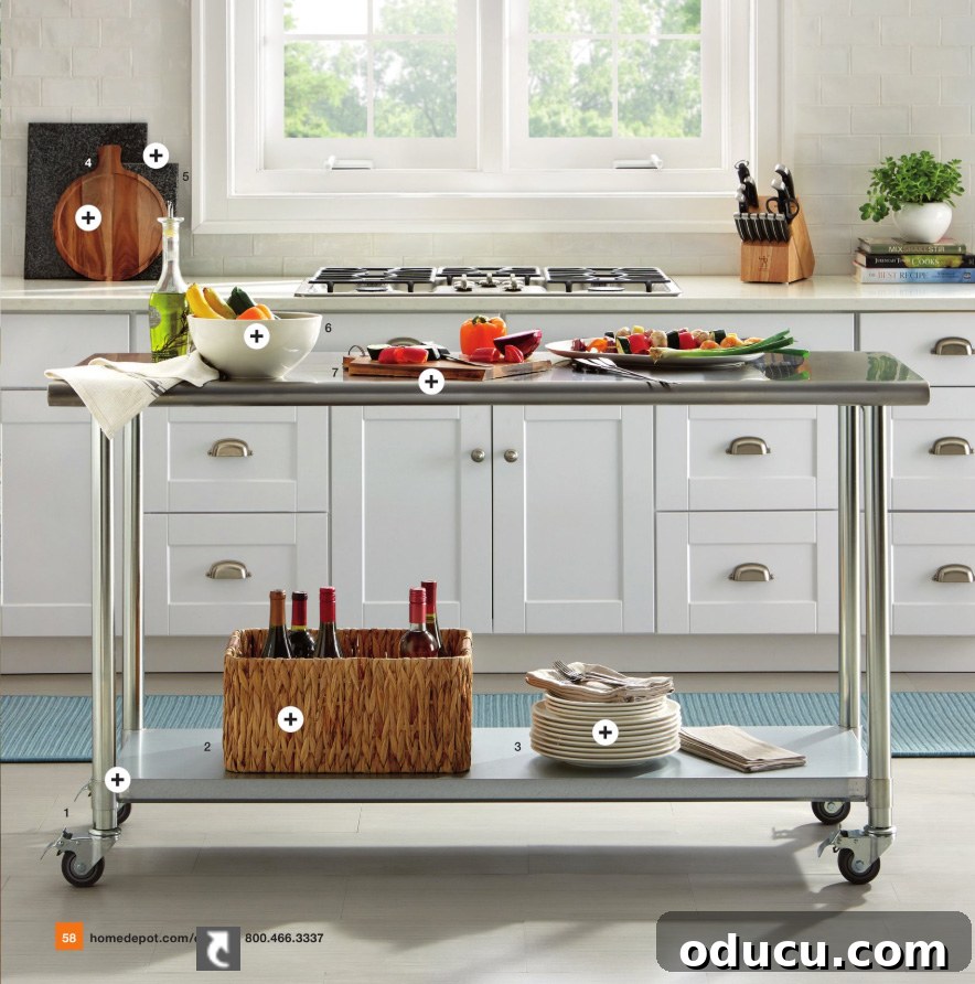 My Small Kitchen's Island Upgrade 5 A sleek, long stainless steel kitchen island on wheels, offering both style and mobility.