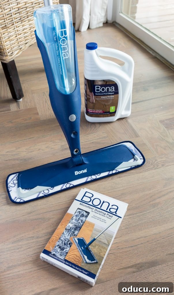 Hardwood Floor Revival: A New Beginning 10 Bona Mop and cleaner on refinished hardwood floor.