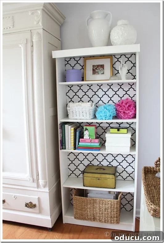 One Wall, Big Impact 7 White IKEA Billy bookcase with black and white patterned fabric shelf background accents