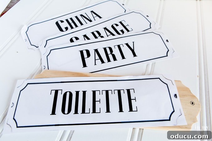 My Party Style Sanctuary 4 Close-up of DIY French enamel look signs, showcasing a vintage aesthetic on a white surface with black lettering, perfect for labeling doors.