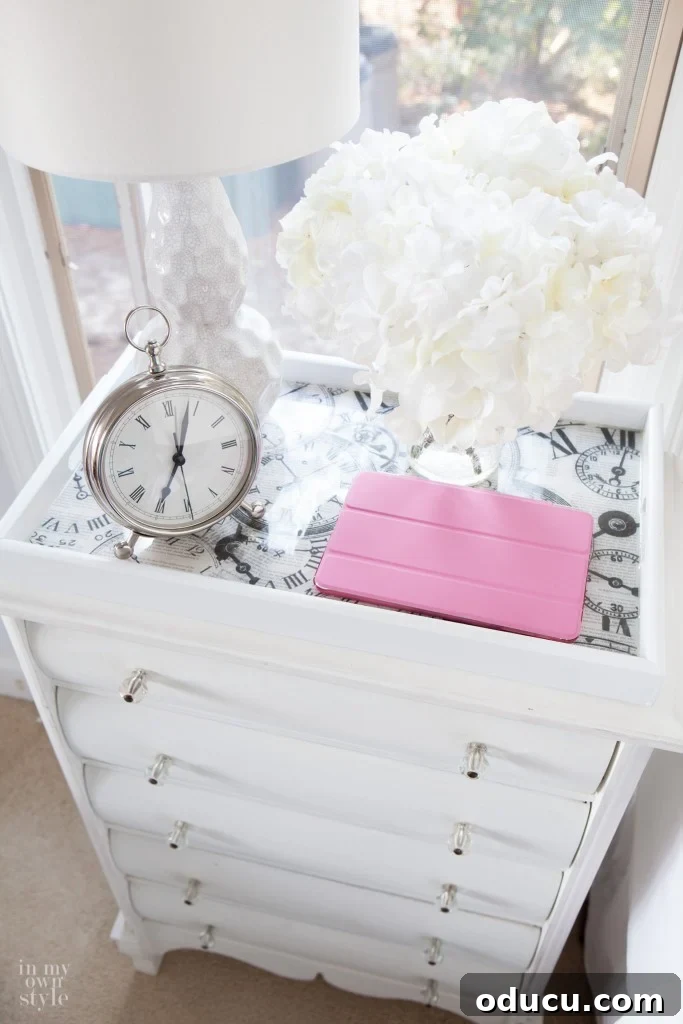 Still Relevant 25 Night table with new DIY Clock tray decor