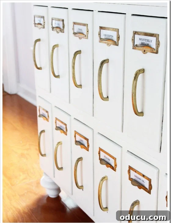 Echoes in Every Element 11 Library drawers beautifully made over with white chalk paint and elegant brass hardware, transformed into a personalized storage solution.