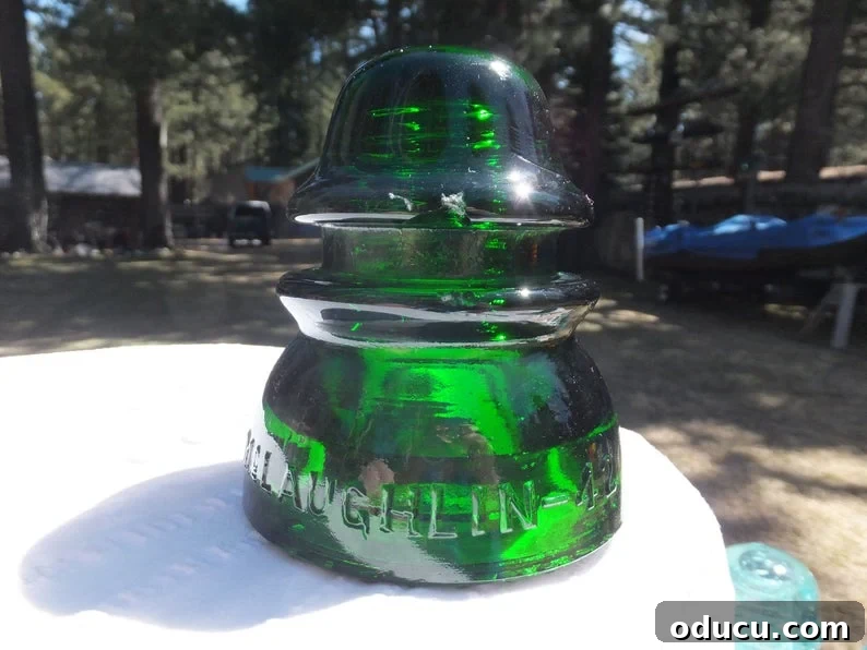 Echoes in Every Element 6 A vibrant vintage green glass insulator resting on a table, showcasing its potential as a meaningful home decor piece.