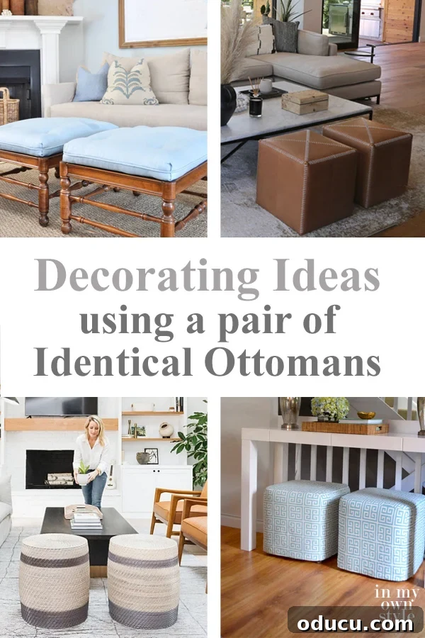 Ottomans: From Footrest to Focal Point 2 Four beautifully arranged living rooms featuring a pair of identical ottomans, showcasing their versatility and design impact.