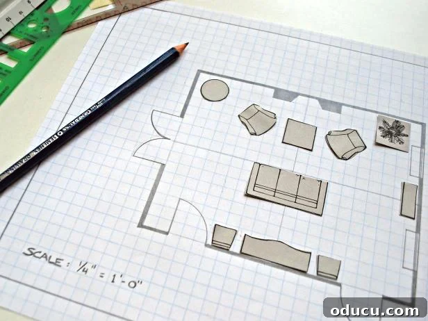 Ottomans: From Footrest to Focal Point 3 Illustration demonstrating how to meticulously plan a furniture arrangement for a room to scale using furniture templates and graph paper for optimal space utilization.
