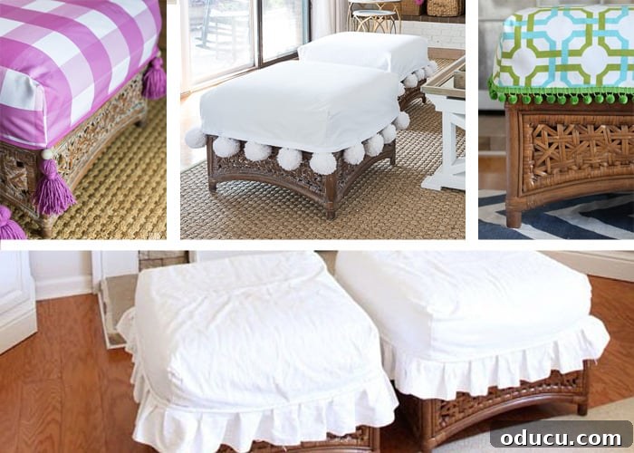 Ottomans: From Footrest to Focal Point 9 A visual progression of four different slipcovers expertly made for a pair of square rattan ottomans, showcasing seasonal or style transformations.