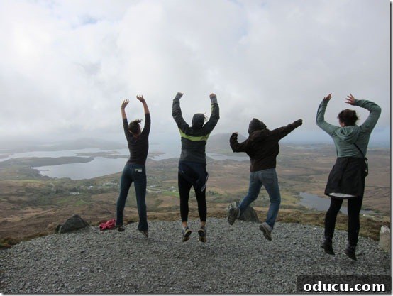 Ireland-Girls-at-half-way-p The girls celebrating and jumping halfway up Diamond Hill in Connemara National Park