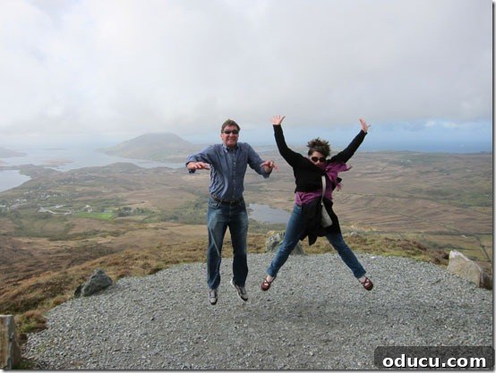 Ireland-half-way-up-the-mou Girls jumping in excitement at the halfway point of their mountain hike