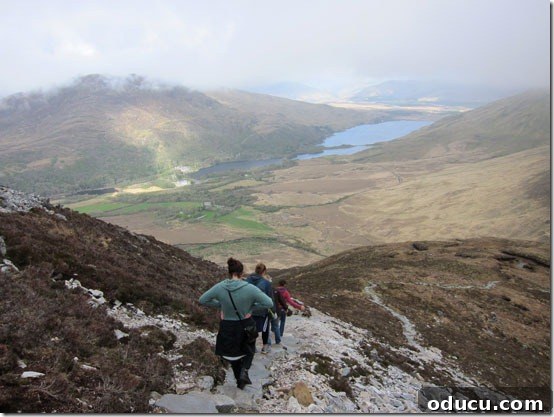 Ireland-Connemarra-National Panoramic view during the descent from Diamond Hill, showing Kylemore Abbey in the valley