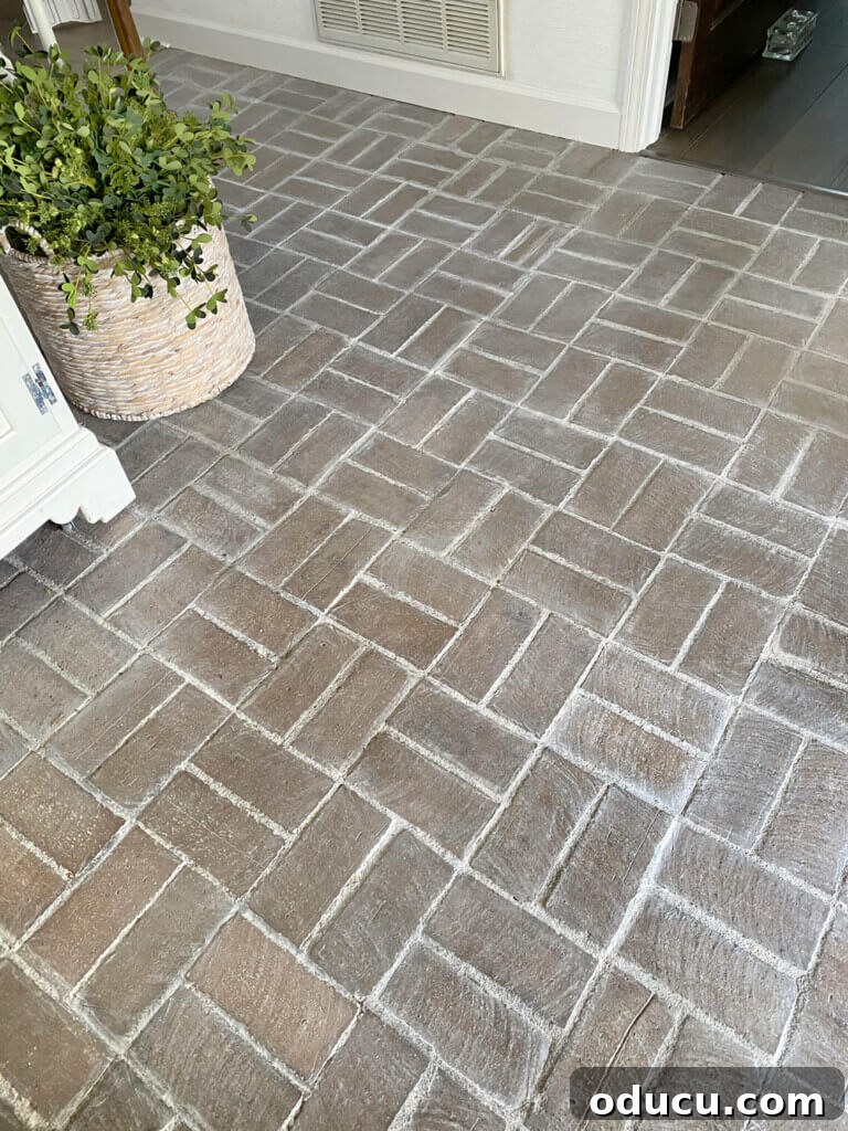 My $14 Whitewashed Brick Floor Makeover 19 update on how DIY whitewashed brick floor has held up