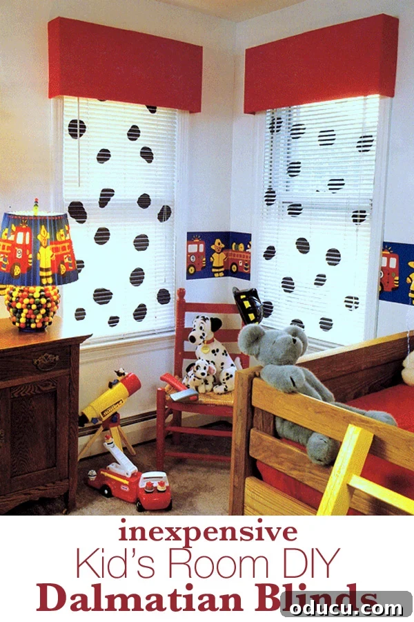 Spot On Style Make Your Own Dalmatian Window Blinds 3 Two windows in a child's room with Dalmatian spots on the blinds.