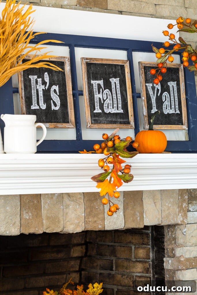Autumn Nesting: Decor Ideas for Fall 3 DIY Fall mantel decorating with chalkboards spelling 'It's Fall You All'