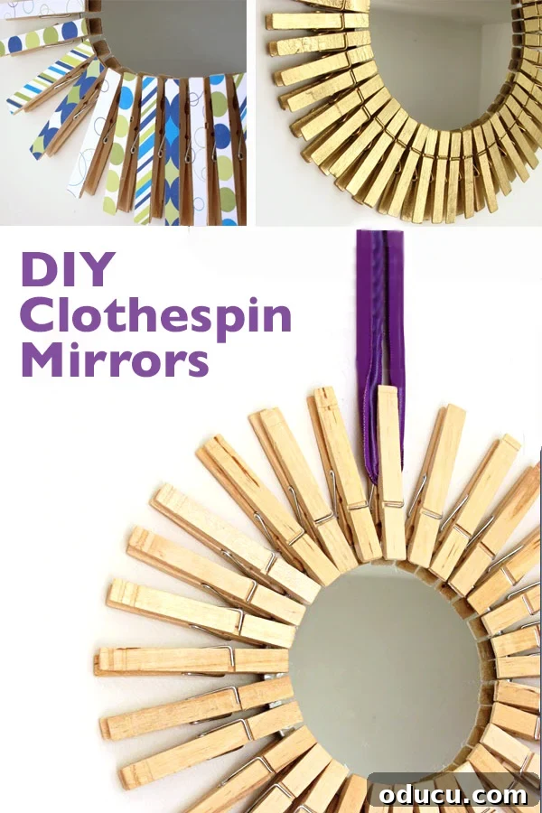 How to make a sunburst mirror using clothespins. A fast and fun DIY decorating project that can be made in an hour and cost only a few dollars. #Mirrors #starburstmirror #sunburstmirror #clothespins #dollarstorecrafts #DIYdecor #repurposing 3 variations on a DIY sunburst clothespin mirror