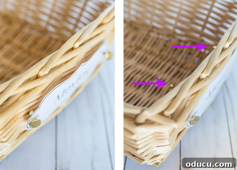 Chic Storage Without the Splurge 13 Steps showing how to attach a label to a basket and not just any label, but a label you can make yourself with many free printable labels found at In My Own Style blog.