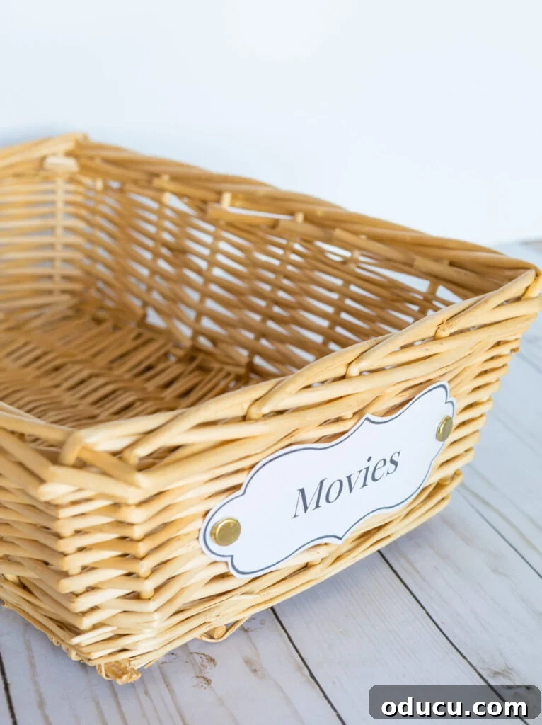 Chic Storage Without the Splurge 15 Wicker storage basket with DIY laminated label.