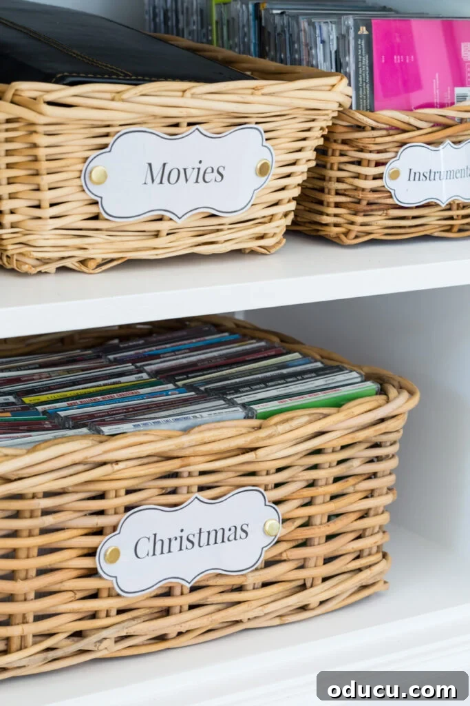 Chic Storage Without the Splurge 7 Wicker baskets found at the thrift store inside a cabinet. Each basket was made into decorative storage with pretty labels.