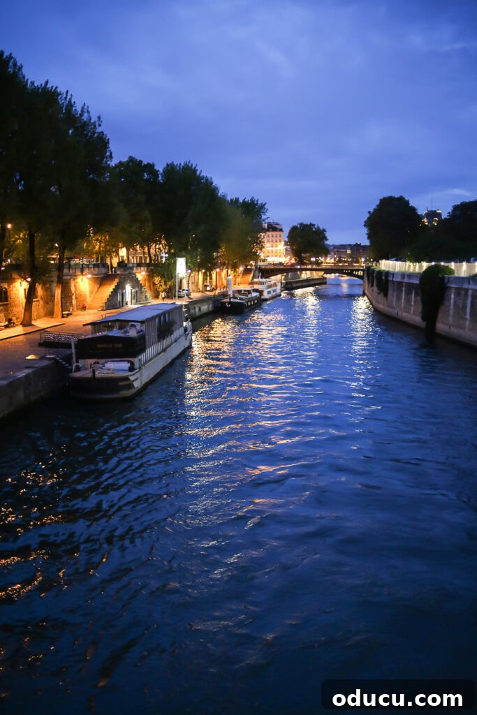 Crossing a historic bridge on a Paris bike tour at night, with the illuminated Seine flowing below, creating a romantic atmosphere.