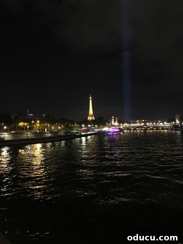 The majestic Eiffel Tower illuminated at night, viewed from the Right Bank of the Seine during a magical Paris bike tour, shimmering in the distance.