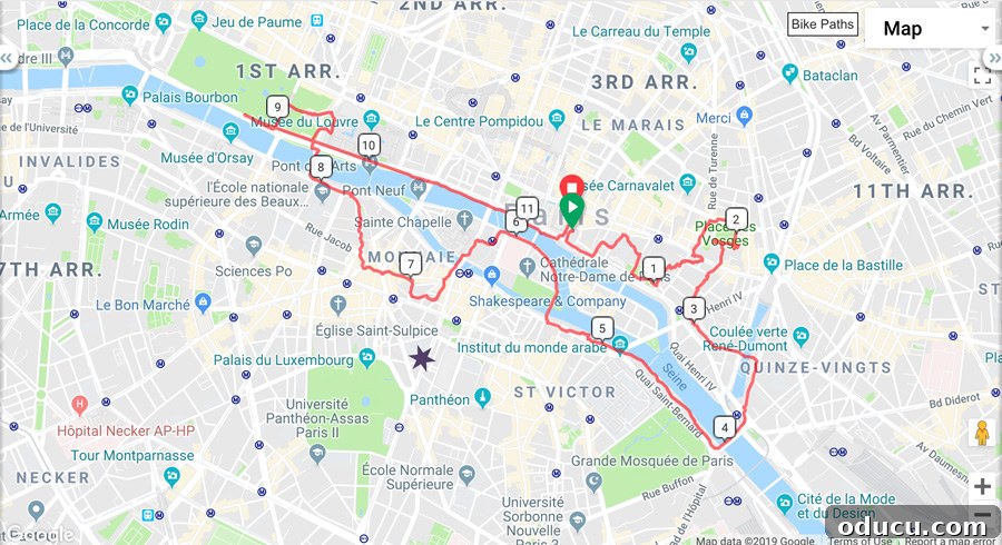The detailed route map for the Bike About Tours Paris Day Tour, highlighting the fascinating path taken through the city's key landmarks and hidden streets.