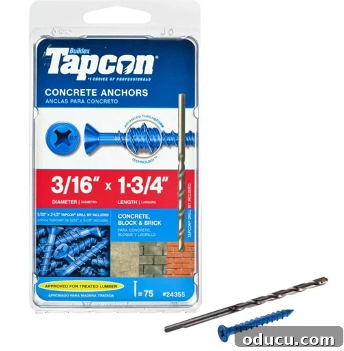 Tapcon masonry concrete anchor screws, crucial for attaching wood to brick.