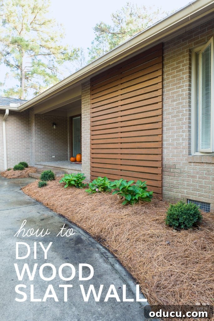 How to make a wood slat wall on an exterior brick wall, featuring a complete and modern look.