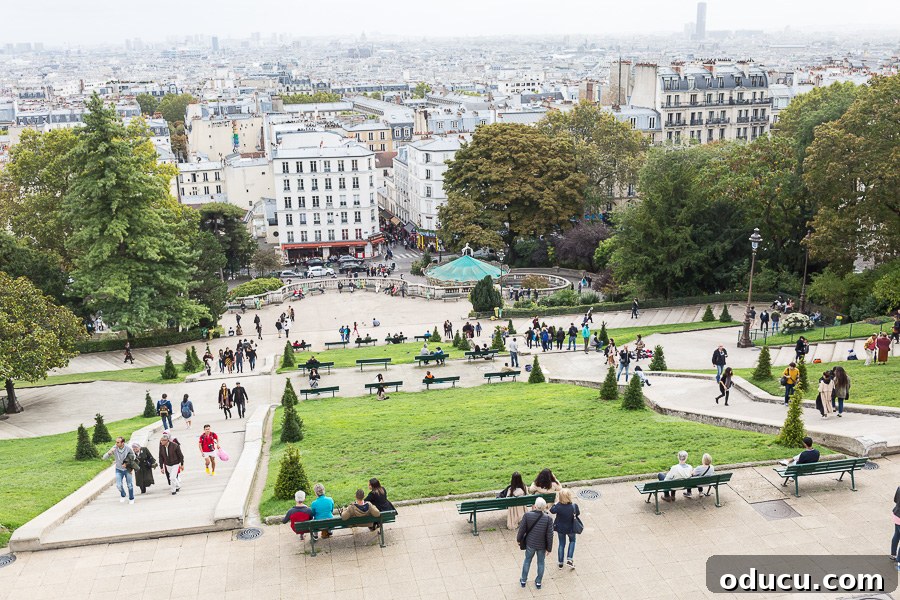 Ascending Paris's Masterpiece 17 A panoramic view looking down into the sprawling city of Paris from the elevated vantage point of Sacré-Cœur.