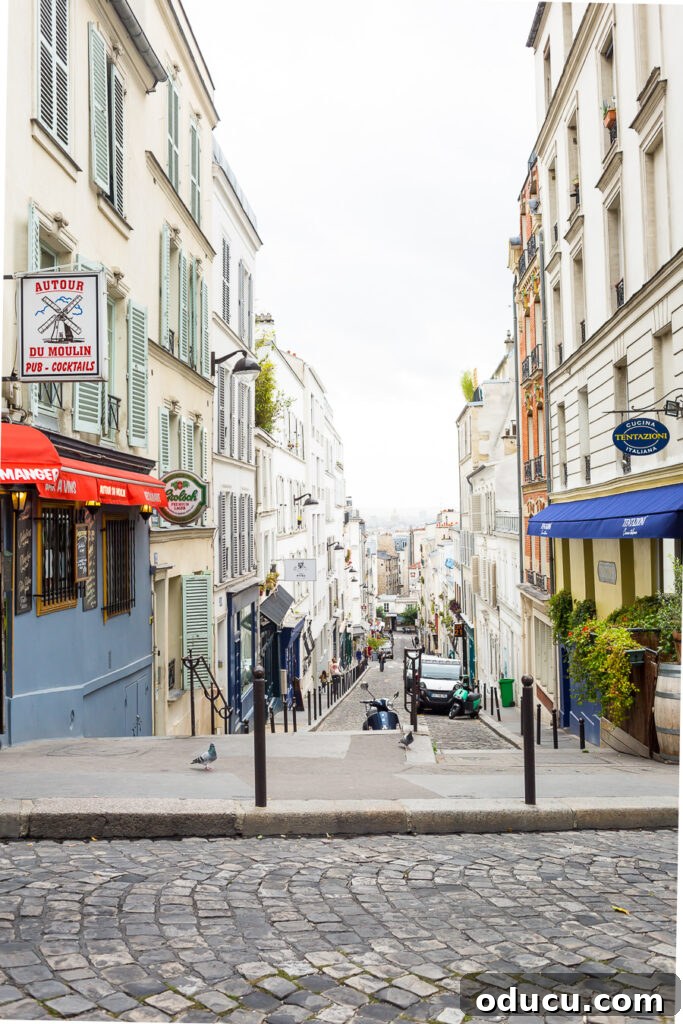 Ascending Paris's Masterpiece 19 Quaint, narrow streets winding through a neighborhood near Sacré-Cœur, inviting further exploration of Parisian life.