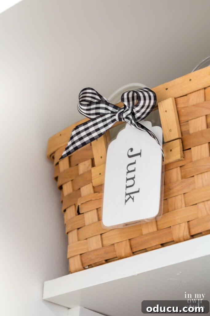 Why Primer Is Essential For Painting Over Stained Paint 14 Junk label on a basket in a newly painted closet, ready for organization.