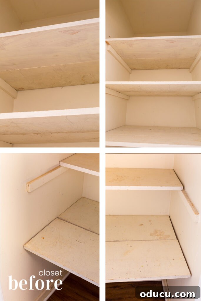 Why Primer Is Essential For Painting Over Stained Paint 4 Before photos of a small hall closet being prepared for a makeover using primer and paint.