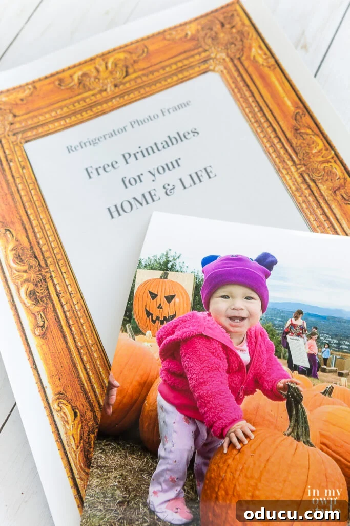 A charming free printable photo frame displaying a baby girl dressed as a pumpkin for Halloween