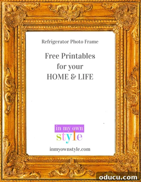 Close-up of a 5x7 magnetic picture frame, showing the elegant printable design on a refrigerator