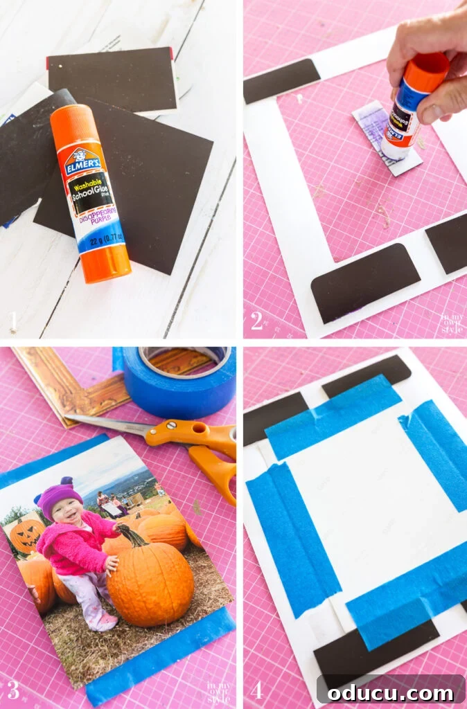 Illustration showing how to cut a free printable frame to perfectly fit photos on a fridge.