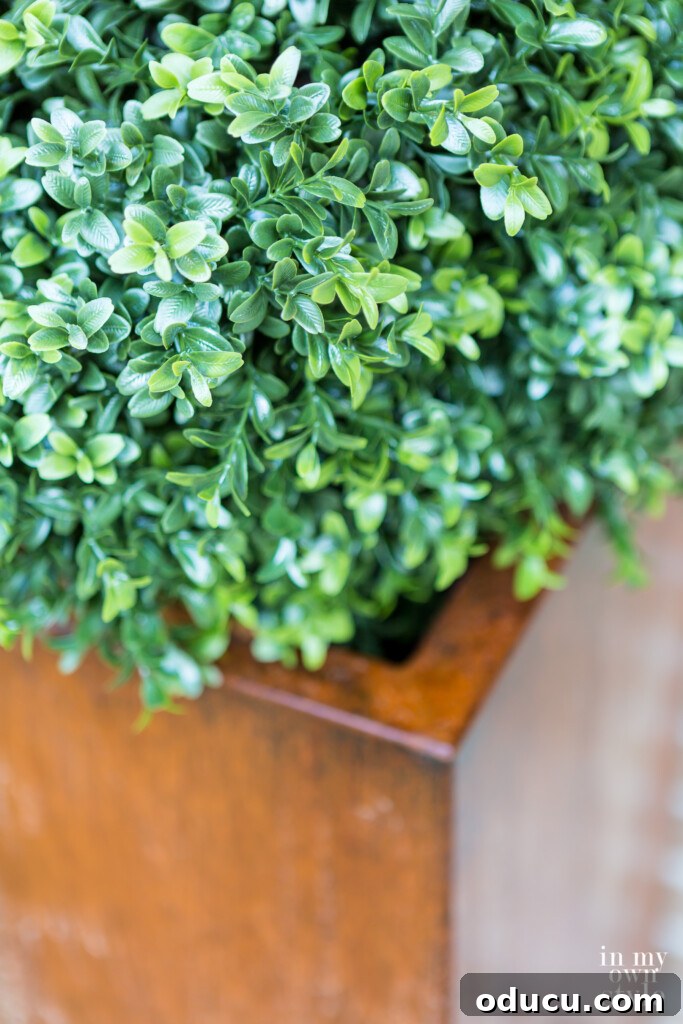Unlock Corten's Rustic Beauty Instantly 12 Large artificial boxwood for a tall modern outdoor planter, looking incredibly realistic.