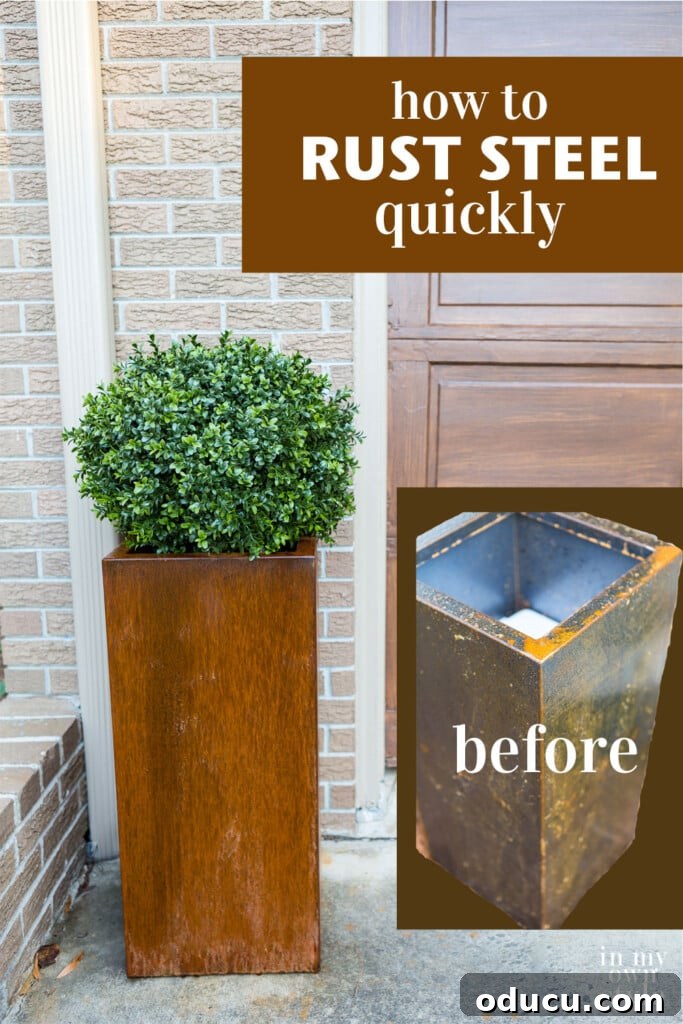 Unlock Corten's Rustic Beauty Instantly 14 Metal planter with rich rusted finish photo. Highlights how to achieve a quick rusty patina on new metal using a DIY spray solution within hours.