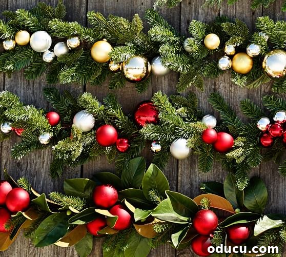 Achieve a Lush Look for Your Outdoor Garland 2 Three distinct Christmas garlands, each richly decorated with various ball ornaments and festive embellishments, draped elegantly, showcasing diverse holiday decorating styles and ideas.