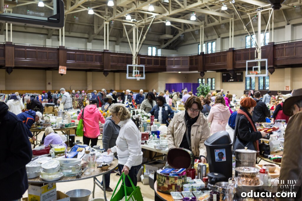 Decorating Magic for Just $23 3 An expansive view of the trash and treasure sale at Trinity Cathedral in Columbia, SC, bustling with shoppers.