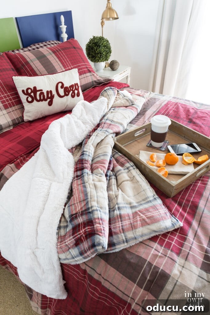 Spare Room to Serene Sanctuary 3 Warm and cozy plaid bedding and fleece throws for winter, highlighting a welcoming guest bedroom decor.